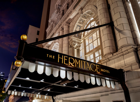 Image of Exterior Hotel Entrance and Sign at The Hermitage Hotel, a member of Historic Hotels of America since 1996, located in Nashville, Tennessee