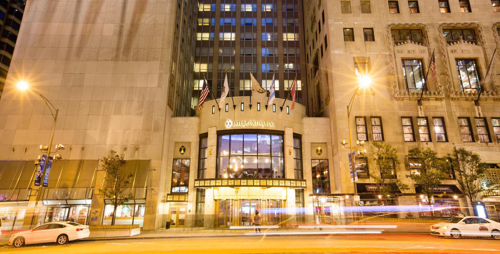 Image of Exterior at Night, InterContinental Chicago Magnificent Mile in Chicago, Illinois, 1929, Member of Historic Hotels of America, Special Offers, Discounted Rates, Families, Romantic Escape, Honeymoons, Anniversaries, Reunions