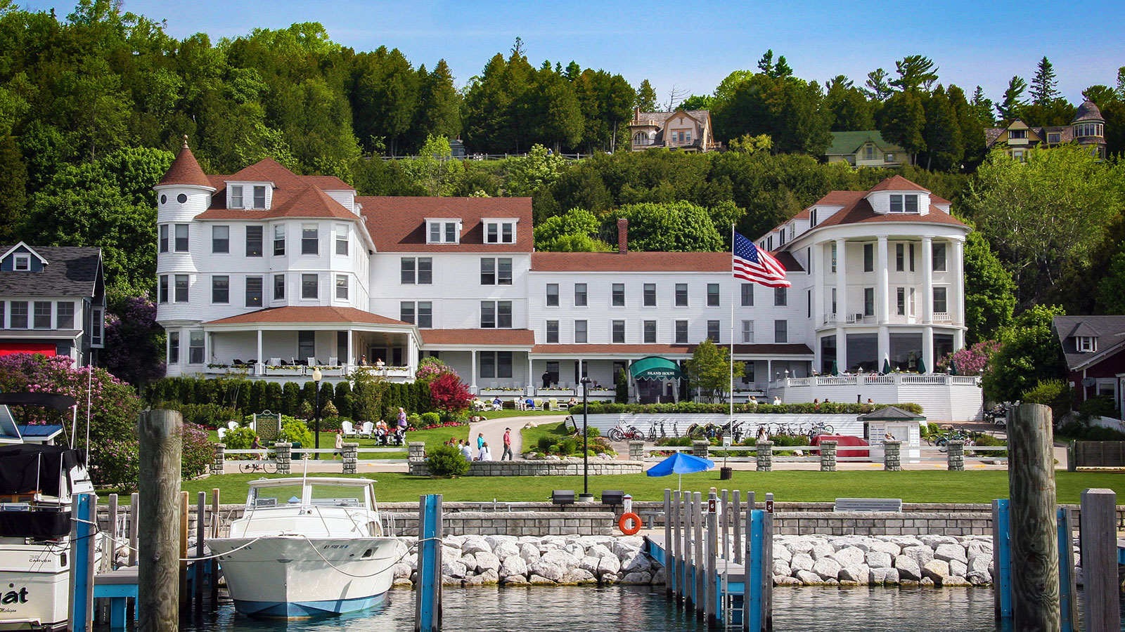 Image of Exterior and Marina, Island House Hotel in Mackinac Island, Michigan, 1852Member of Historic Hotels of America, Special Offers, Discounted Rates, Families, Romantic Escape, Honeymoons, Anniversaries, Reunions