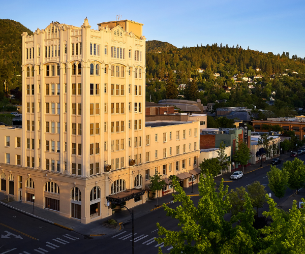 Image of Hotel Exterior at Ashland Springs Hotel, 1925, Member of Historic Hotels of America, in Ashland, Oregon, Special Offers, Discounted Rates, Families, Romantic Escape, Honeymoons, Anniversaries, Reunions