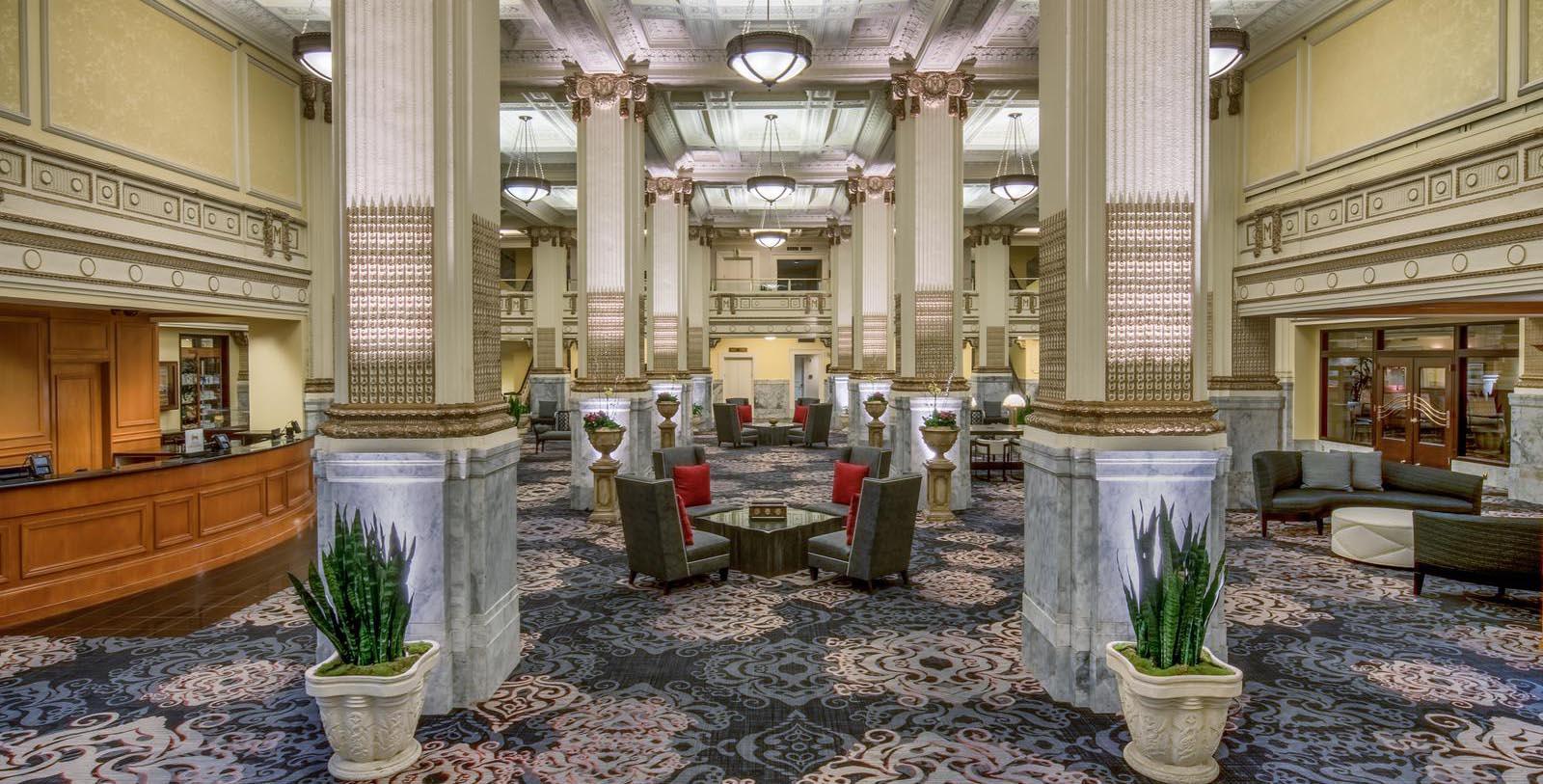 Image of lobby at Embassy Suites by Hilton Portland Downtown, 1912, Member of Historic Hotels of America, in Portland, Oregon, Special Offers, Discounted Rates, Families, Romantic Escape, Honeymoons, Anniversaries, Reunions
