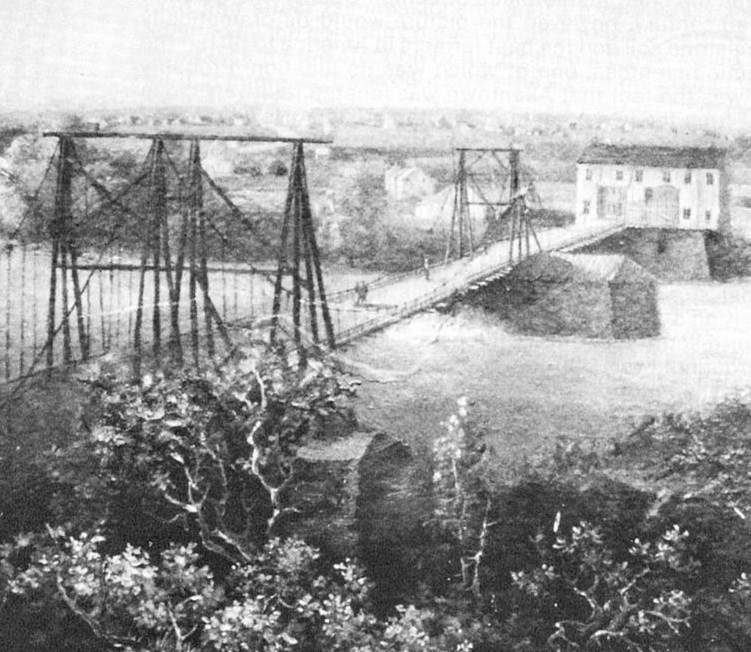 Historical Image of the First Bridge Across the Nearby Lehigh River Circa 1830, Glasbern, 1870, Historic Hotels of America, in Fogelsville, Pennsylvania.