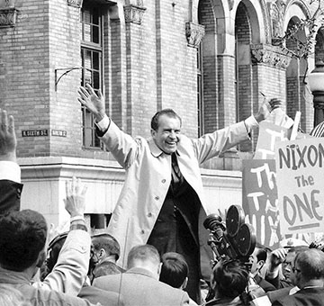 Historical image of Richard Nixon at Historic Americus Hotel. Richard Nixon, then the Vice President, visited the hotel in October of 1960 during his unsuccessful first presidential campaign against John F. Kennedy.