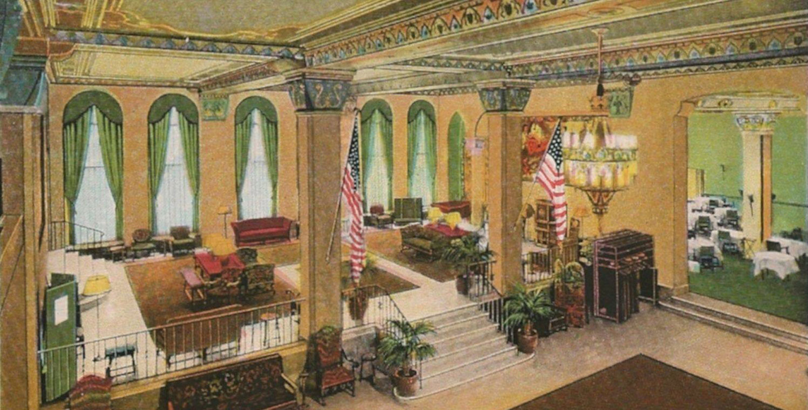 Image of Vintage postcard of the lobby at Historic Americus Hotel, 1926, a member of Historic Hotels of America in Allentown, Pennsylvania