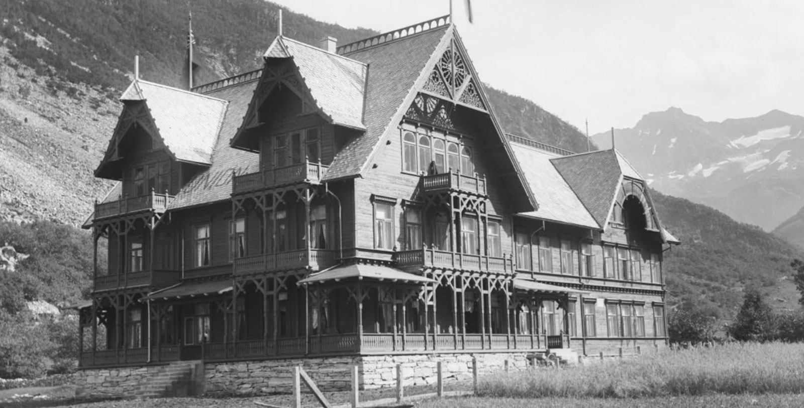Historic Image of Exterior & Mountains, Hotel Union Øye, Norangsfjorden, Norway, 1891, Member of Historic Hotels Worldwide, History