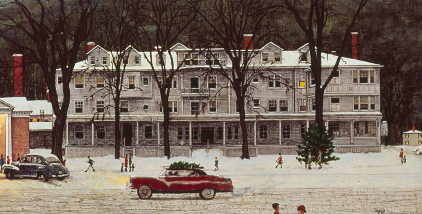 Image of Norman Rockwell's Stockbridge at Christmas painting completed in 1967, The Red Lion Inn, 1777, Member of Historic Hotels of America, Stockbridge, Massachusetts, History
