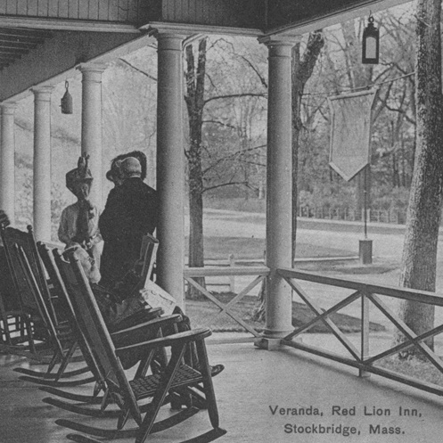 Historical Image of Exterior Porch, The Red Lion Inn, 1773, Member of Historic Hotels of America, in Stockbridge, Massachusetts.