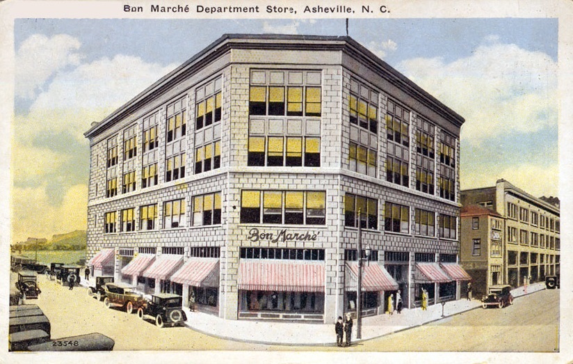 Historical Image of Postcard Featuring Exterior as Bon Marché Department Store, Haywood Park, 1923, Member of Historic Hotels of America, in Asheville, North Carolina.