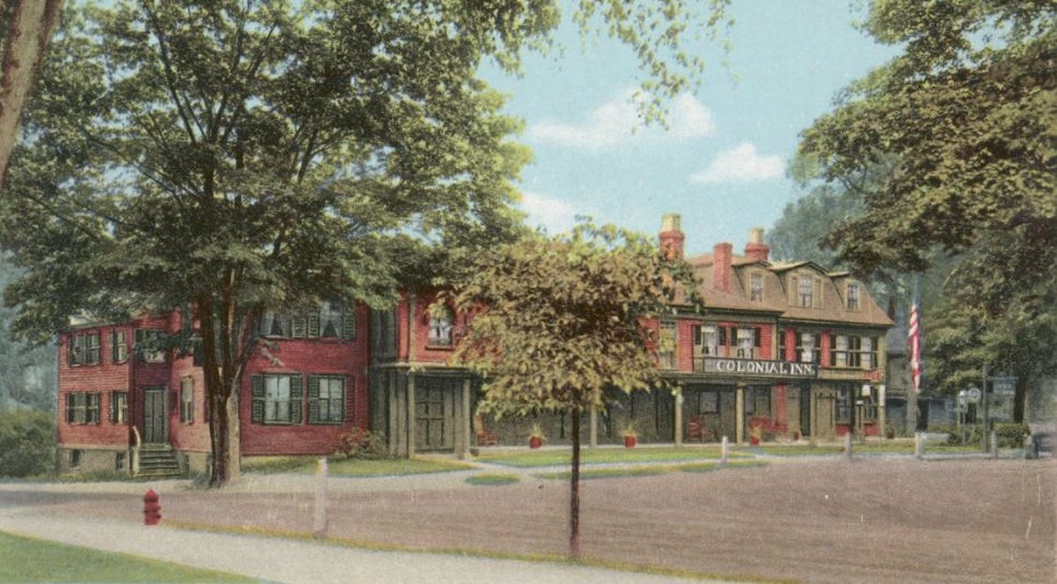 Historical Image of Exterior on Postcard, Concord's Colonial Inn, 1716, Member of Historic Hotels of America, in Concord, Massachusetts
