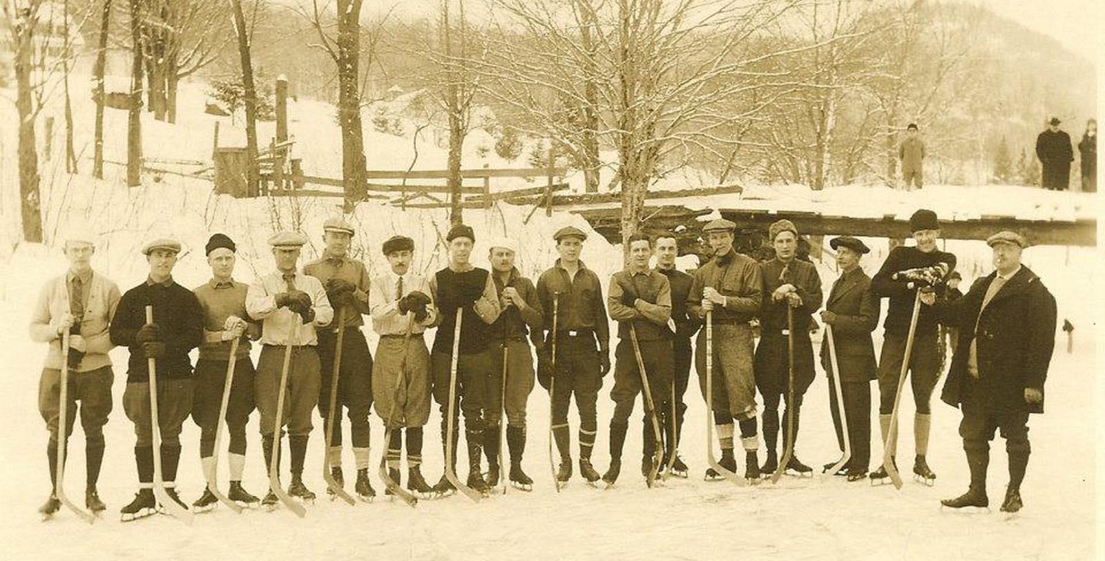 Historical Image of Guests Playing Hockey at Eagle Mountain House, 1879, Member of Historic Hotels of America, in Jackson, New Hampshire, History.
