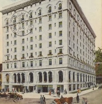 Historical Drawing of Exterior on Postcard, The Hermitage Hotel, 1910, Member of Historic Hotels of America, in Nashville, Tennessee.