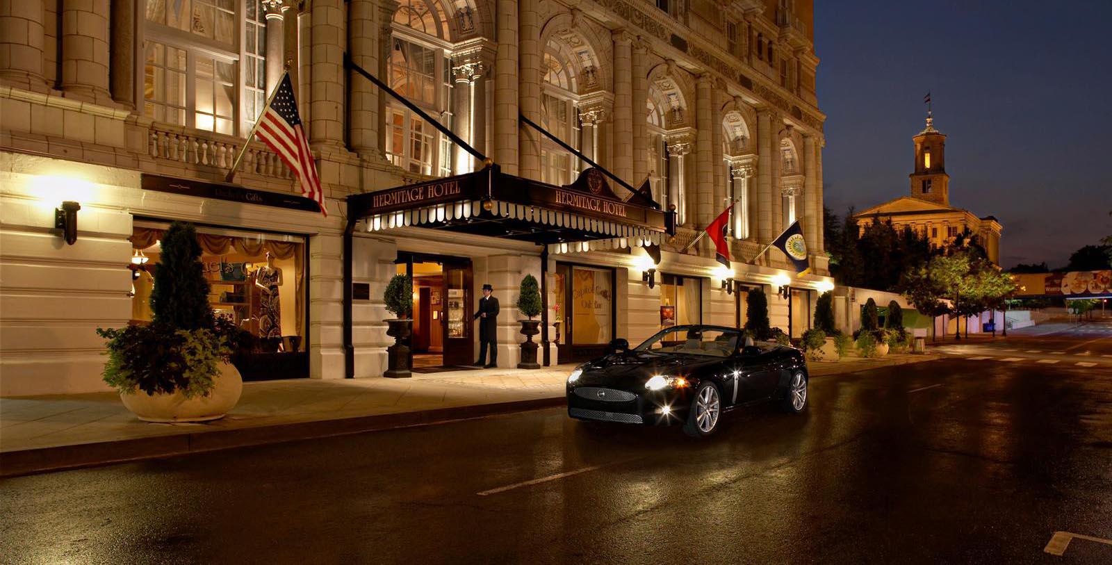 Image of Entrance with Car The Hermitage Hotel, 1910, Member of Historic Hotels of America, in Nashville, Tennessee, Special Offers, Discounted Rates, Families, Romantic Escape, Honeymoons, Anniversaries, Reunions