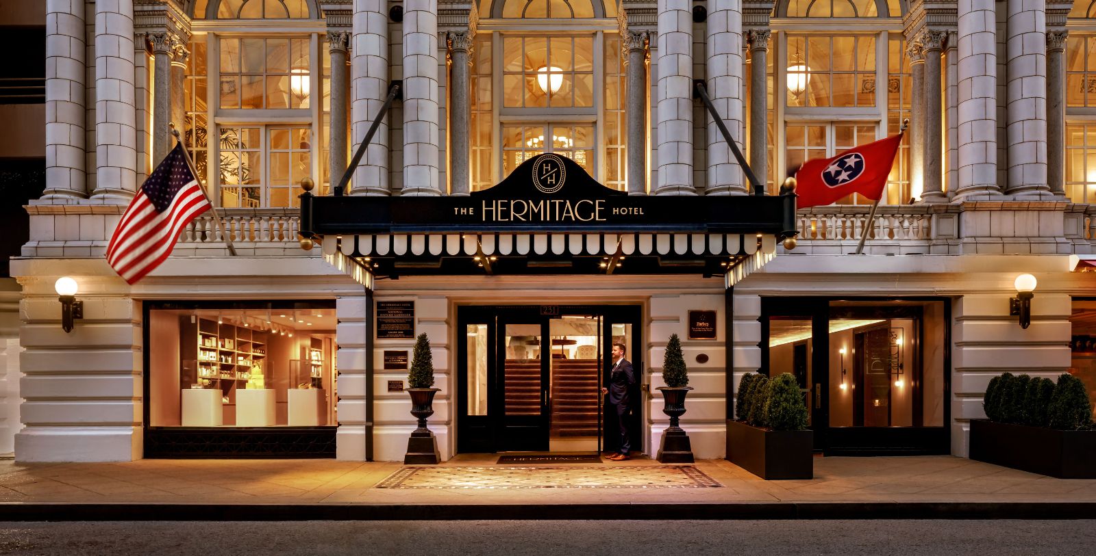 Image of Exterior Hotel Entrance and Sign at The Hermitage Hotel, a member of Historic Hotels of America since 1996, located in Nashville, Tennessee