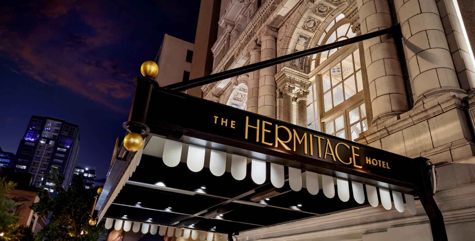 Image of Exterior Hotel Entrance and Sign at The Hermitage Hotel, a member of Historic Hotels of America since 1996, located in Nashville, Tennessee
