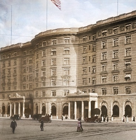 Historical Image of Exterior Street View, Fairmont Copley Plaza, 1912, Member of Historic Hotels of America, in Boston, Massachusetts.