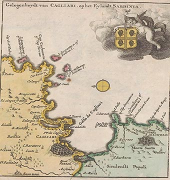 Historical image of an Italian map of Cagliari and the Island of Sardinia.