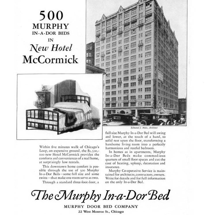 Historical Image of Advertisement for Murphy In-a-Dor Beds, 21c Museum Hotel Chicago by MGallery, 1927, Member of Historic Hotels of America, in Chicago, Illinois.