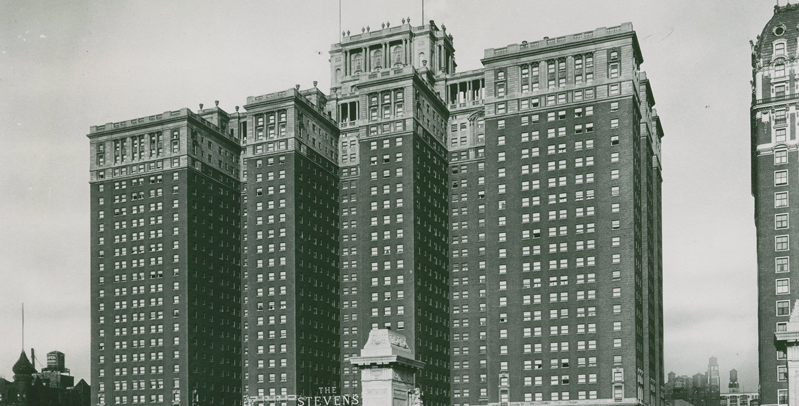 Historic Image of Stevens Hotel Exterior circa 1930, Hilton Chicago, 1927, Member of Historic Hotels of America, in Chicago, Illinois, Discover