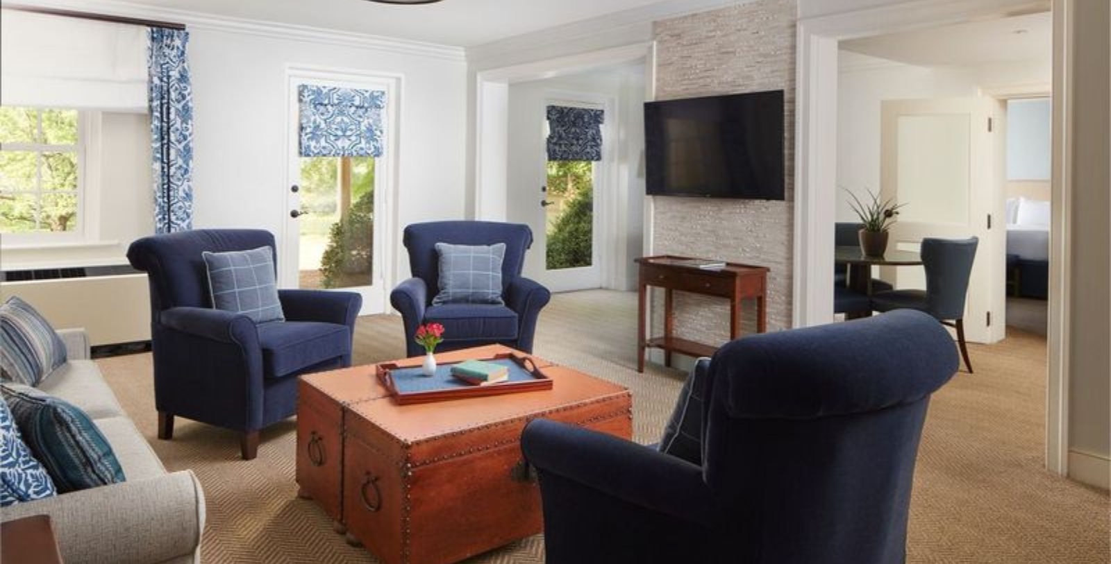 Image of blue lobby seating area at Boar's Head Resort, 1834, Member of Historic Hotels of America, in Charlottesville, Virginia, Hot Deals