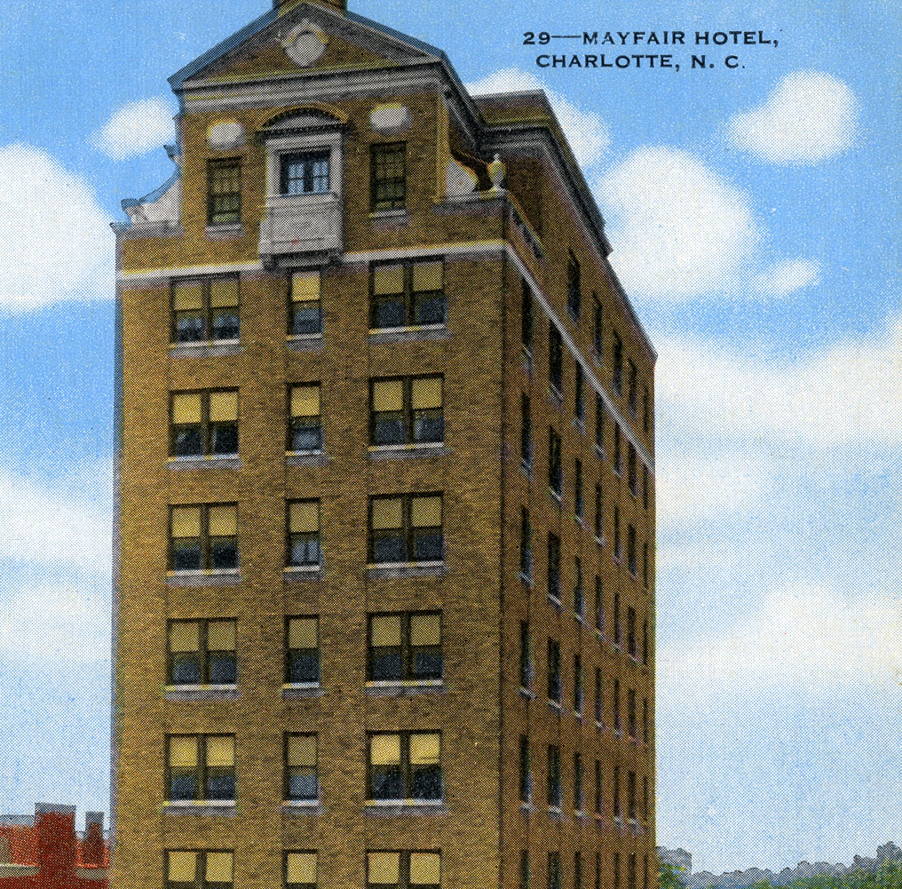 Historical Image of Exterior on Postcard, The Dunhill Hotel, 1929, Member of Historic Hotels of America, in Charlotte, North Carolina.