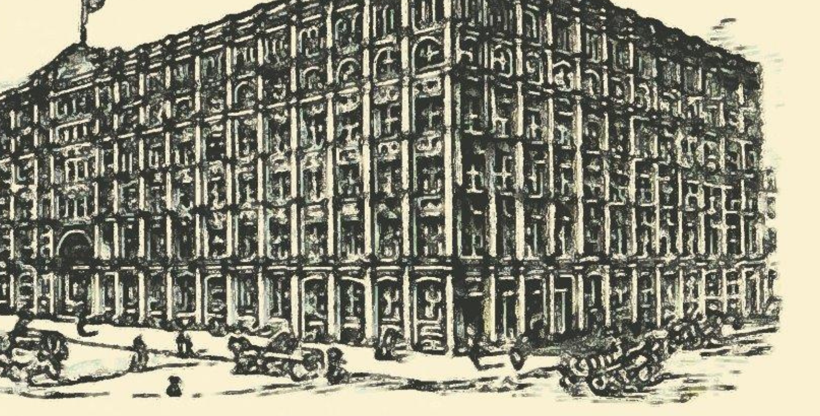 Historical drawing of exterior of Ferry Seed Co. headquarters and warehouse, now the Atheneum Suite Hotel in Detroit, Michigan, 1879, a member of Historic Hotels of America since 2023