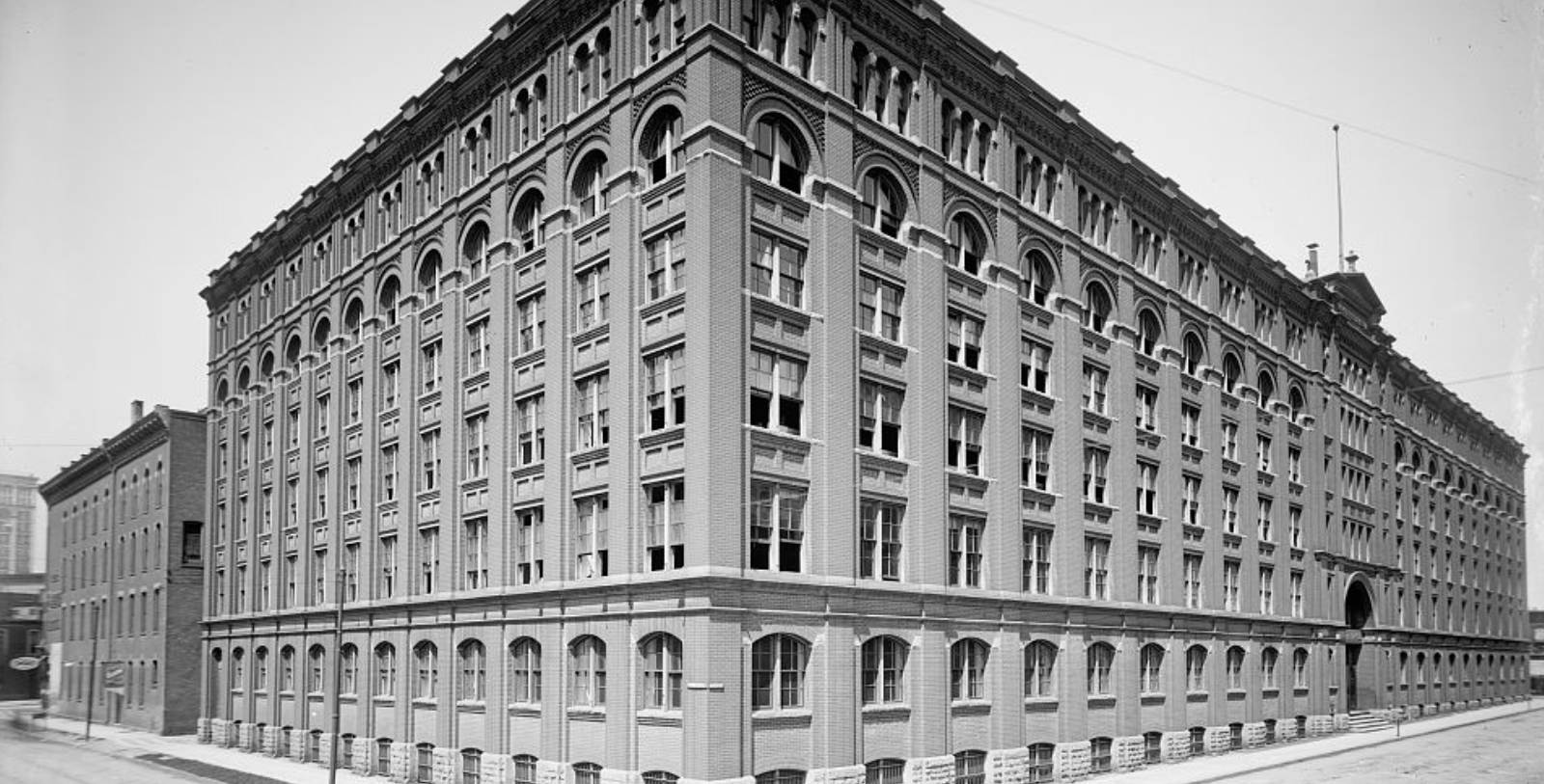 Historical image of exterior of Ferry Seed Co. headquarters and warehouse, now the Atheneum Suite Hotel in Detroit, Michigan, 1879, a member of Historic Hotels of America since 2023