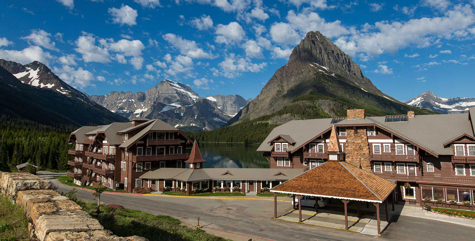 Image of Exterior and Glacier National Park Landscape, Many Glacier Hotel in Babb. Montana, 1915, Member of Historic Hotels of America, Overview