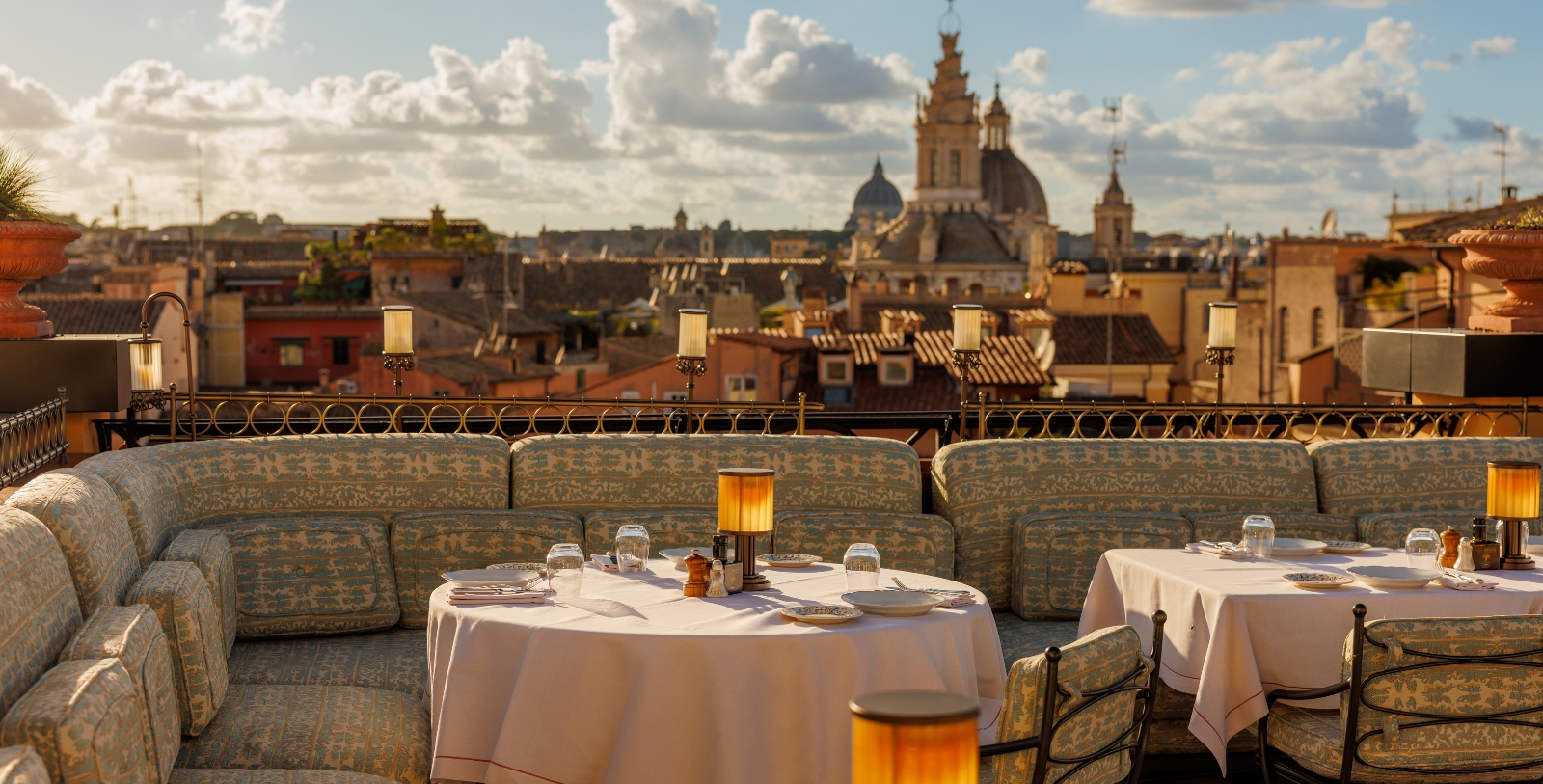 Experience panoramic views of central Rome from Orient Express La Minerva’s rooftop restaurant.