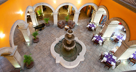 Image of Interior Courtyard Fountain, Hotel Morales, Guadalajara, Mexico, 1800s, Member of Historic Hotels Worldwide, Explore