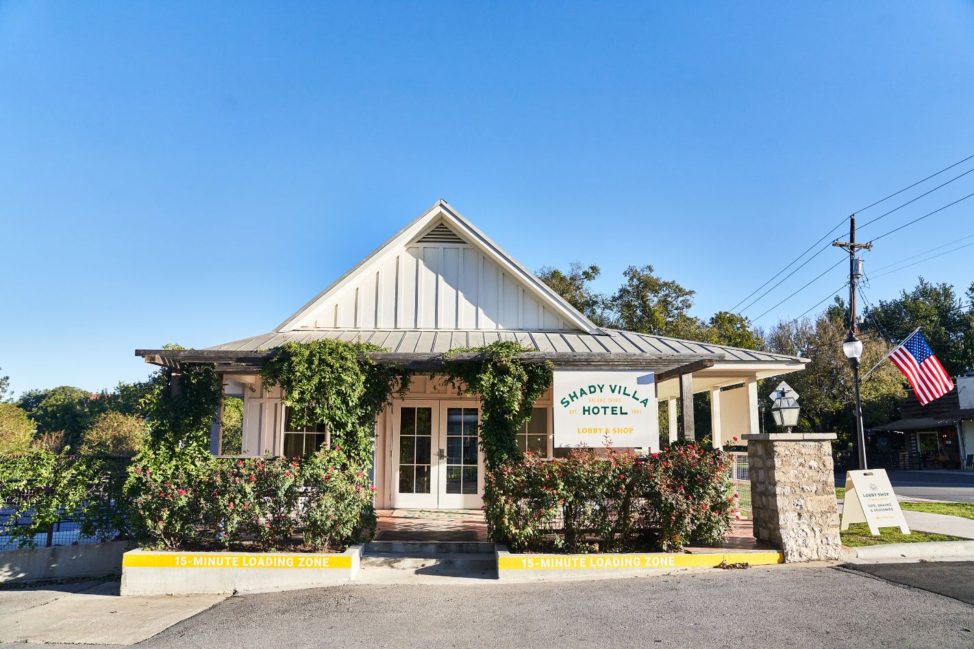 Image of Hotel Front Entrance and Hotel Sign at The Stagecoach Inn, 1852, Member of Historic Hotels of America, in Salado, Texas, Special Offers, Discounted Rates, Families, Romantic Escape, Honeymoons, Anniversaries, Reunions