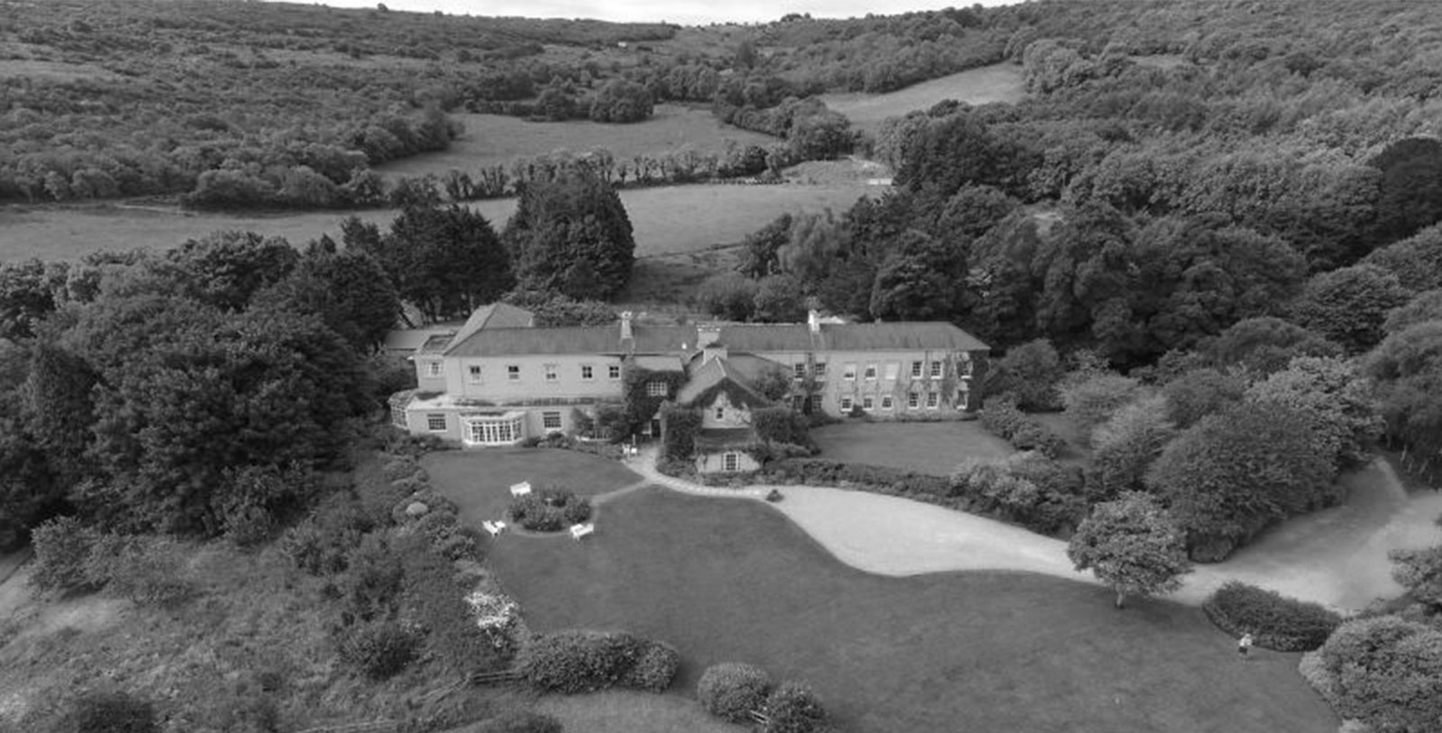 Black and White Aerial Photograph of Gregans Castle Hotel, 1750, Member of Historic Hotels Worldwide, Ballyvaughan, Co. Clare, Ireland