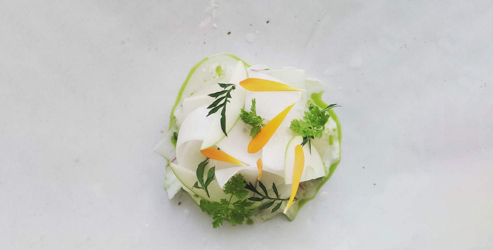 Image of Doonbeg crab, turnip, apple and marigold served at the Dining Room, Gregans Castle Hotel, Ballyvaughan, Ireland, 1800s , Member of Historic Hotels Worldwide, Taste
