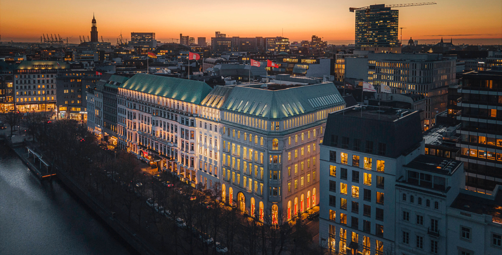 Image of exterior aerial view of Fairmont Hotel Vier Jahreszeiten, 1897, a Member of Historic Hotels Worldwide since 2023 in Hamburg, Germany