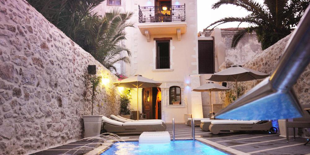 Image of hotel exterior and pool Antica Dimora Suites, 1820, Member of Historic Hotels Worldwide, in Crete, Greece, Special Offers, Discounted Rates, Families, Romantic Escape, Honeymoons, Anniversaries, Reunions