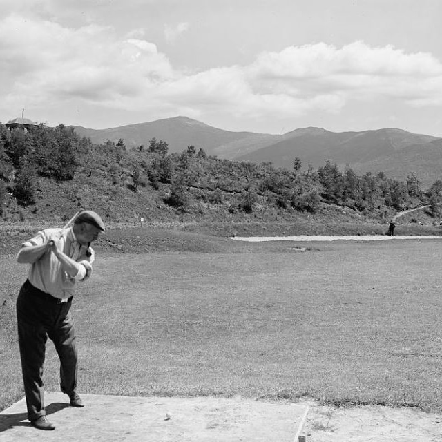Historical Image of Golfer at Mount Pleasant Course, Omni Bretton Arms Inn, 1896, Member of Historic Hotels of America, in Bretton Woods, New Hampshire.