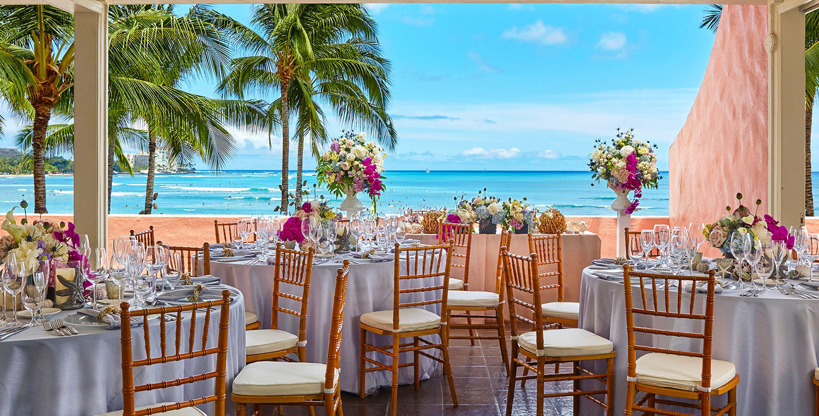 Image of Pearly Shells Kamehameha Suite set up for Wedding Reception, The Royal Hawaiian, A Luxury Collection Resort, 1927, Member of Historic Hotels of America, Honolulu, Oahu, Hawaii, Weddings