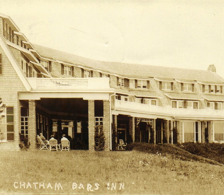 Historical Image of Exterior with Guests Seated Outside, Chatham Bars Inn, 1914, Member of Historic Hotels of America, in Chatham, Massachusetts.
