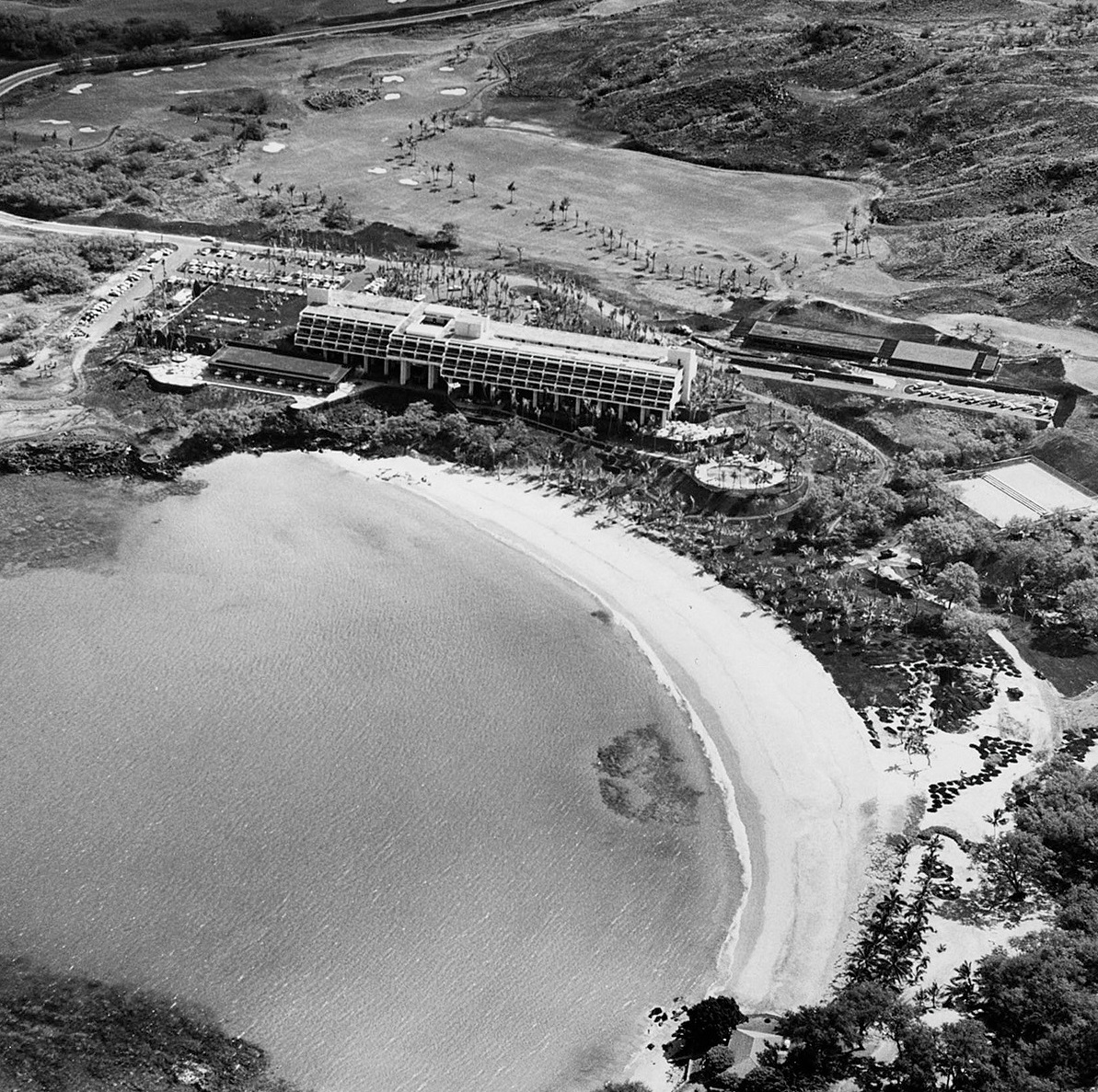 Historical Image of Exterior Aerial View, Mauna Kea Beach Hotel, 1964, Member of Historic Hotels of America, in Kohala Coast, Hawaii.