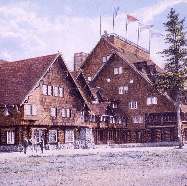Historical Image of Exterior with Guests, Old Faithful Inn, 1904, Member of Historic Hotels of America, in Yellowstone National Park, Wyoming.