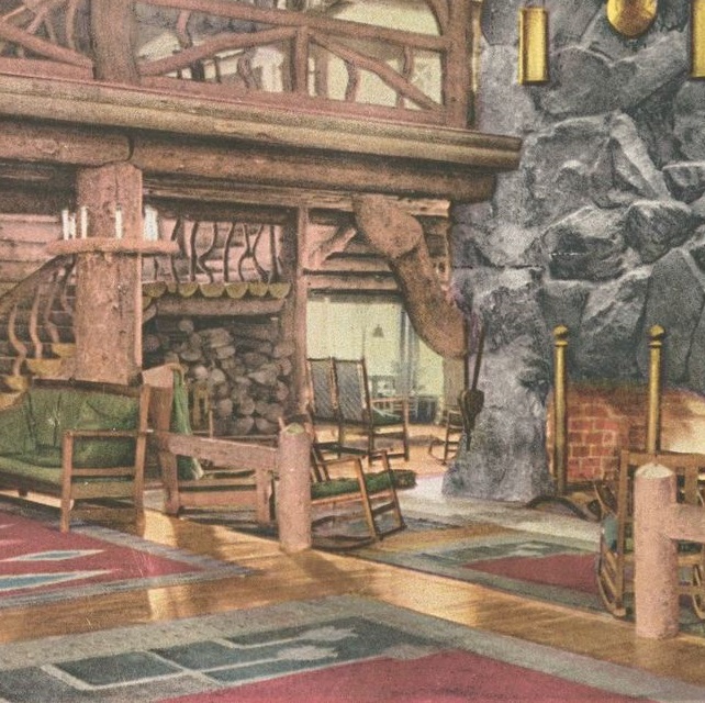 Historical Image of Lobby on Postcard, Old Faithful Inn, 1904, Member of Historic Hotels of America, in Yellowstone National Park, Wyoming.