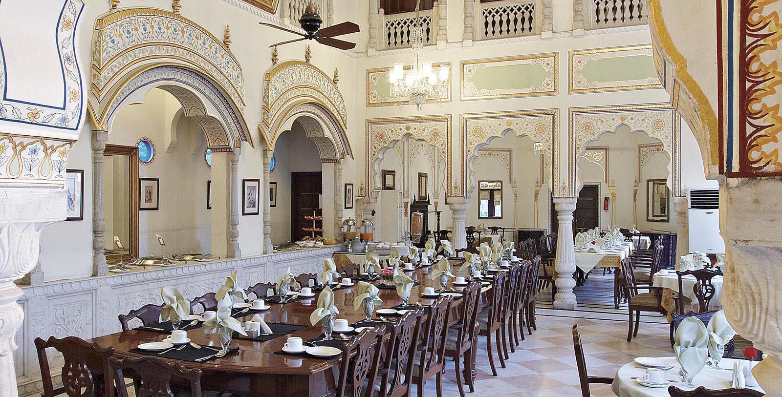 Taste a meal fit for royalty at Alsisar Haveli's Darbar Hall.