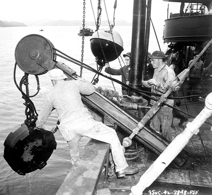 Historical Image of Members of the Coastal Artillery Corps Laying Naval Mines Circa 1942, Cavallo Point, 1901, Member of Historic Hotels of America, in San Francisco, California.