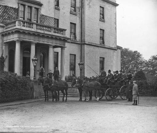 Historical Image of Carriage at Front of Hotel, Great Southern Killarney, 1854, Member of Historic Hotels Worldwide, in Killarney, County Kerry, Ireland.