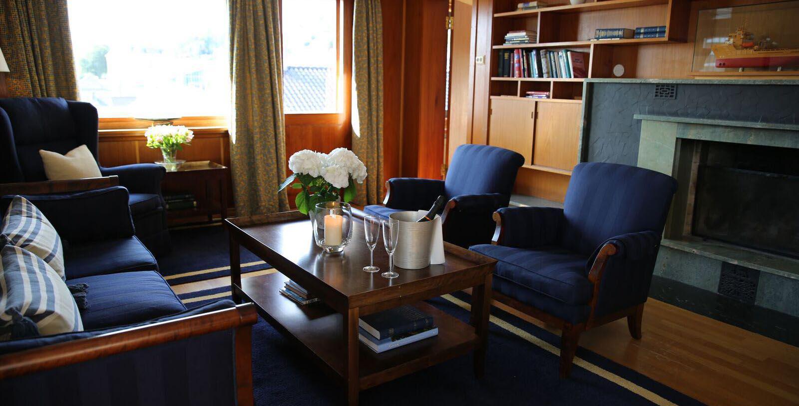 Image of Lounge Area with Fireplace Rederiet Hotell, 1958, Member of Historic Hotels Worldwide, in Farsund, Norway, Experience