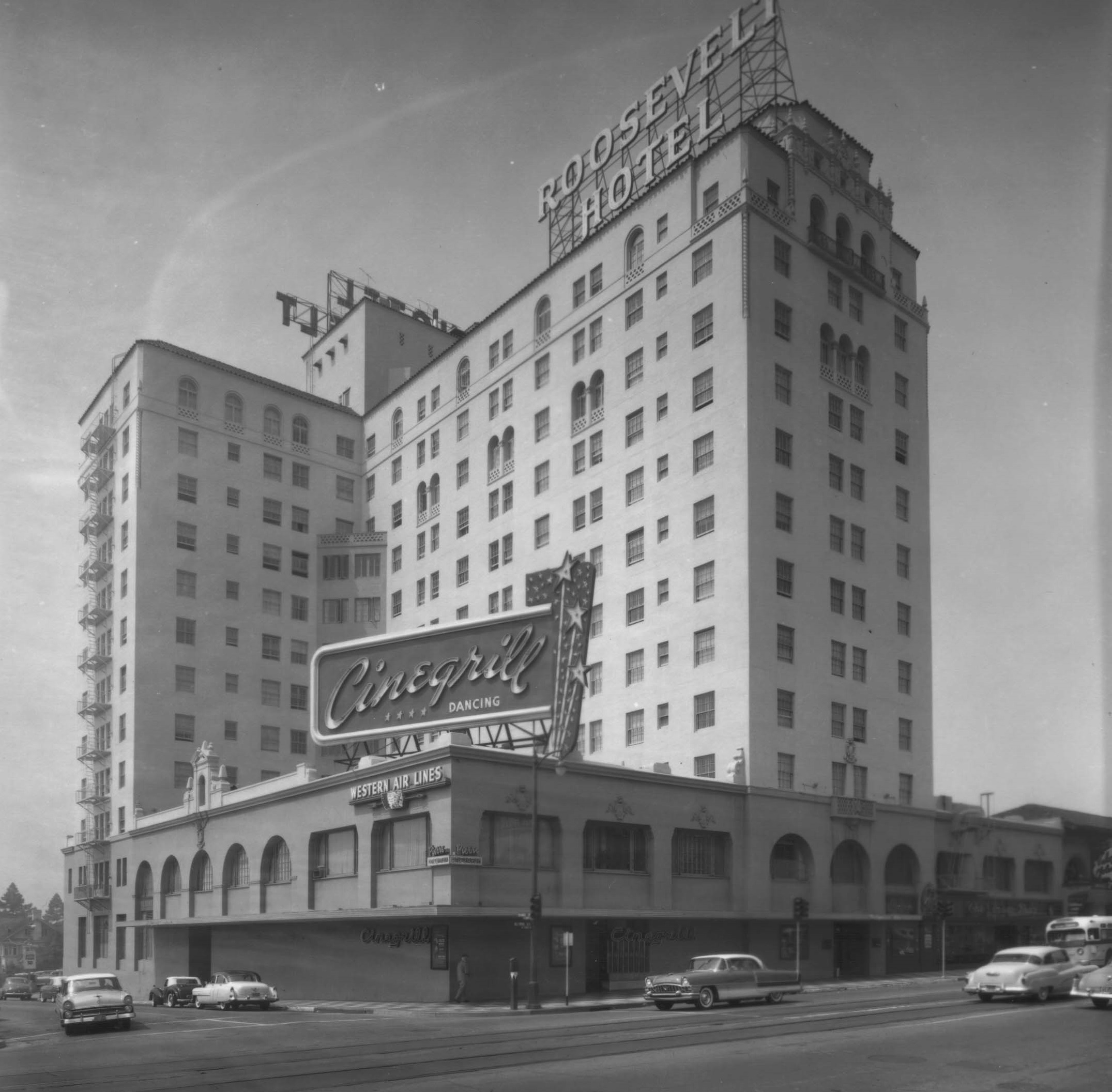 Historical Image of Exterior Street View, The Hollywood Roosevelt, 1927, Member of Historic Hotels of America, in Los Angeles, California.