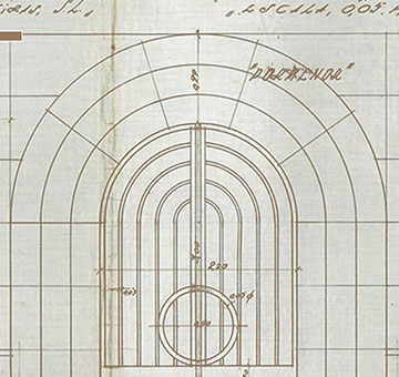 Historical image of an architectural drawing detailing the hotel's exquisite Art Deco front door.