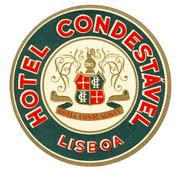 Historical image of a vintage luggage tag from Hotel Lisboa Plaza, formerly Hotel Condestável, circa 1954 in Lisbon, Portugal.