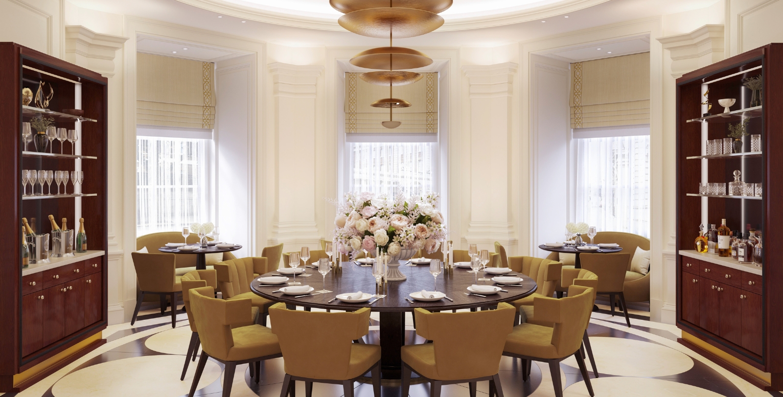 Image of round dining table with an Art Deco motif and a circular coved ceiling. Raffles London at The OWO, a member of Historic Hotels Worldwide since 2023, located in London, United Kingdom