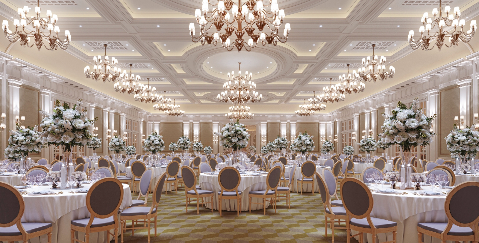 Image of the Whitehall Ballroom with banquet seating for a special occasion at Raffles London at The OWO, a member of Historic Hotels Worldwide since 2023, located in London, United Kingdom
