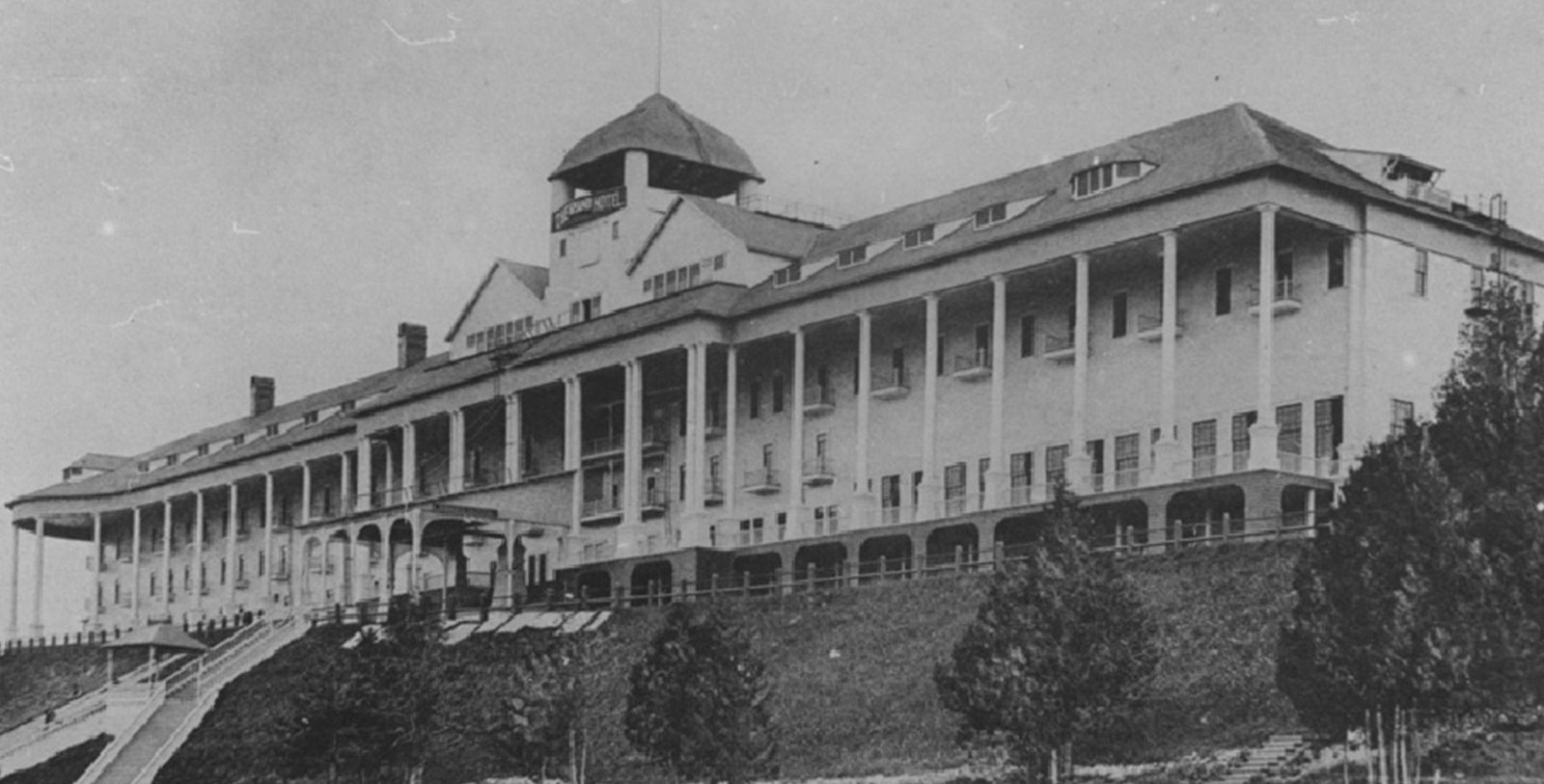 Historical Image of Exterior, Grand Hotel, 1887, Member of Historic Hotels of America, in Mackinac Island, Michigan, History.
